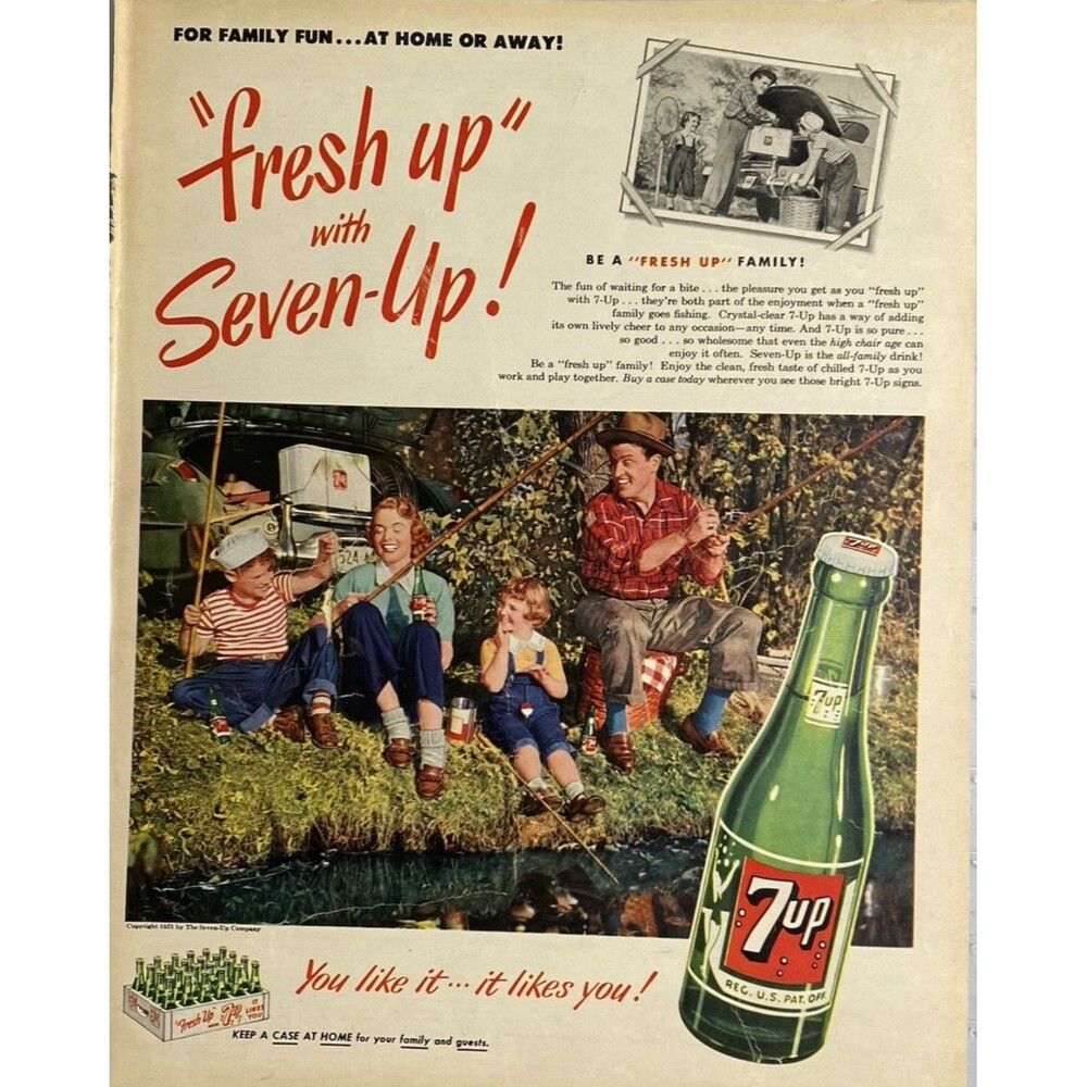 7UP "Fresh Up with Seven-Up" Family Fishing Vintage Print Ad 1951